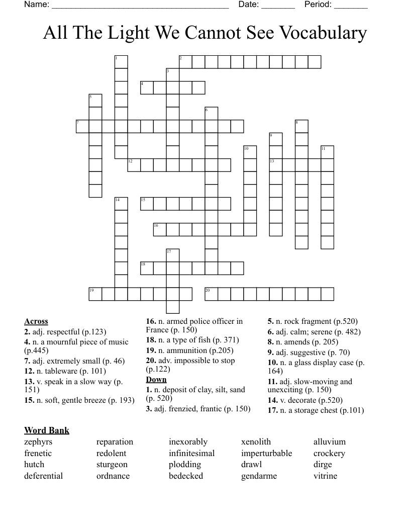 All The Light We Cannot See Vocabulary Crossword