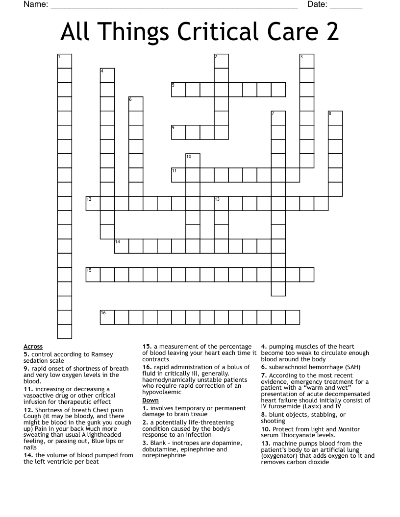 All Things Critical Care 2 Crossword