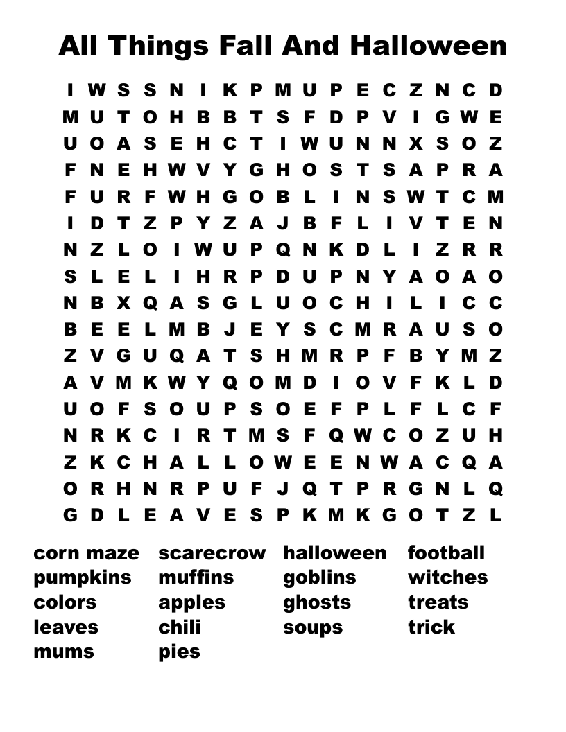 All Things Fall And Halloween Word Search