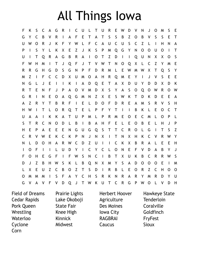 All Things Iowa Word Search
