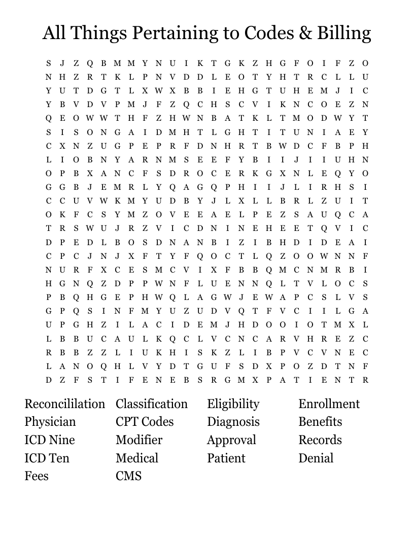 All Things Pertaining to Codes & Billing Word Search