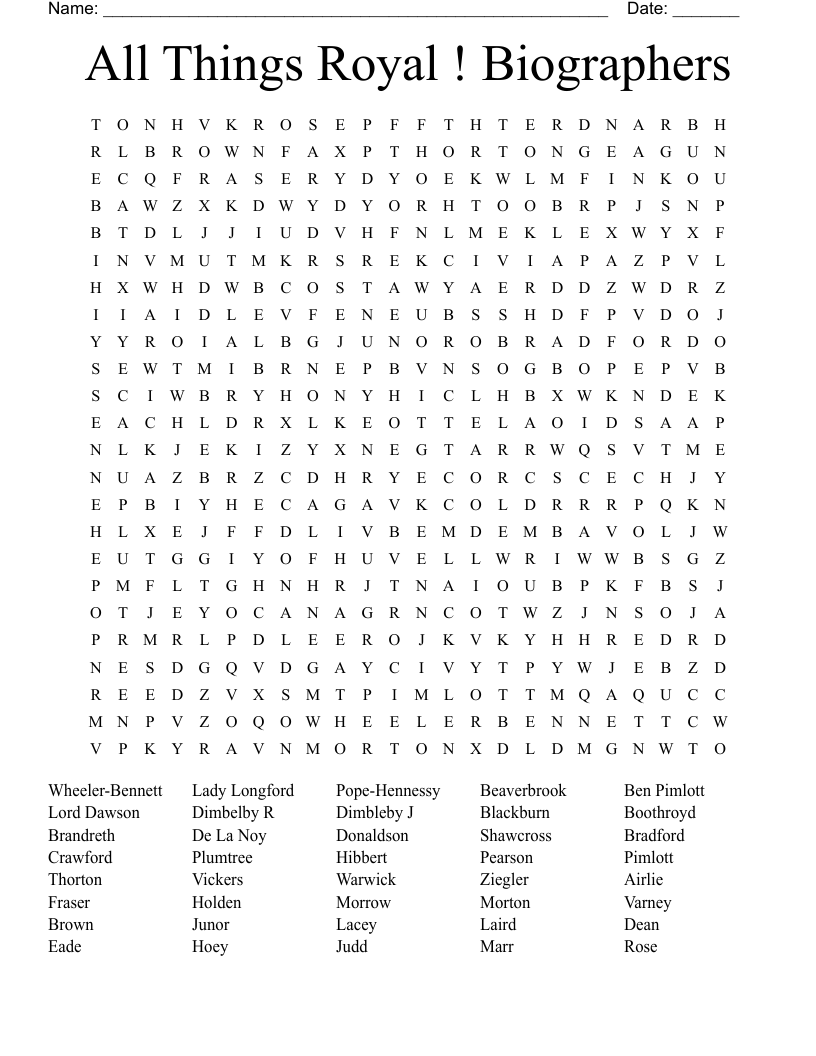 All Things Royal ! Biographers Word Search
