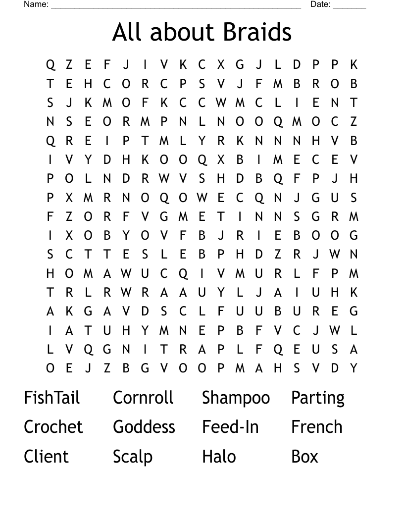 All about Braids  Word Search