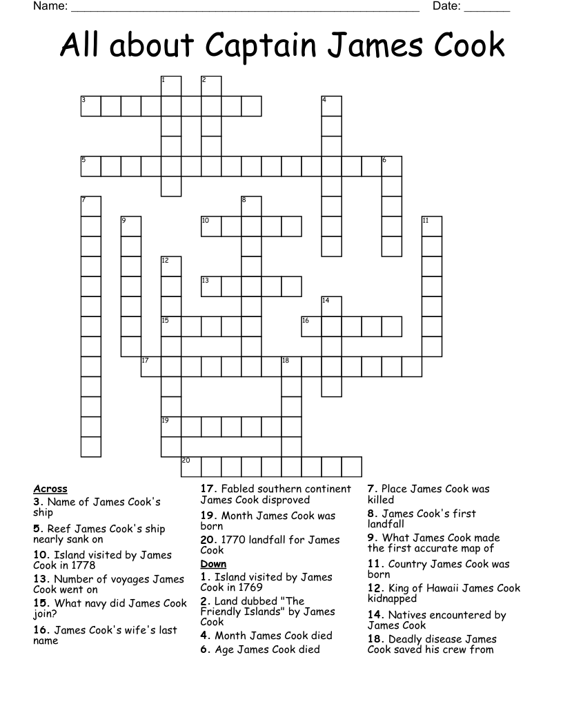 All about Captain James Cook Crossword
