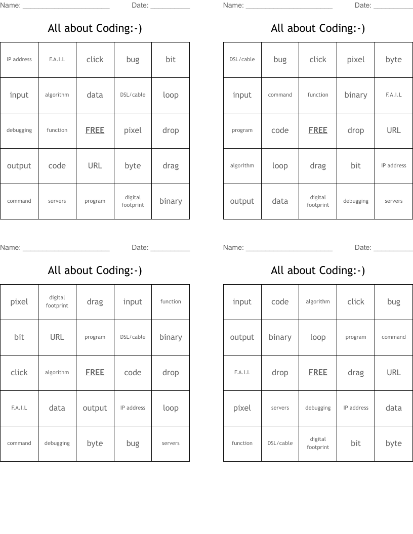 All about Coding:-) Bingo Cards