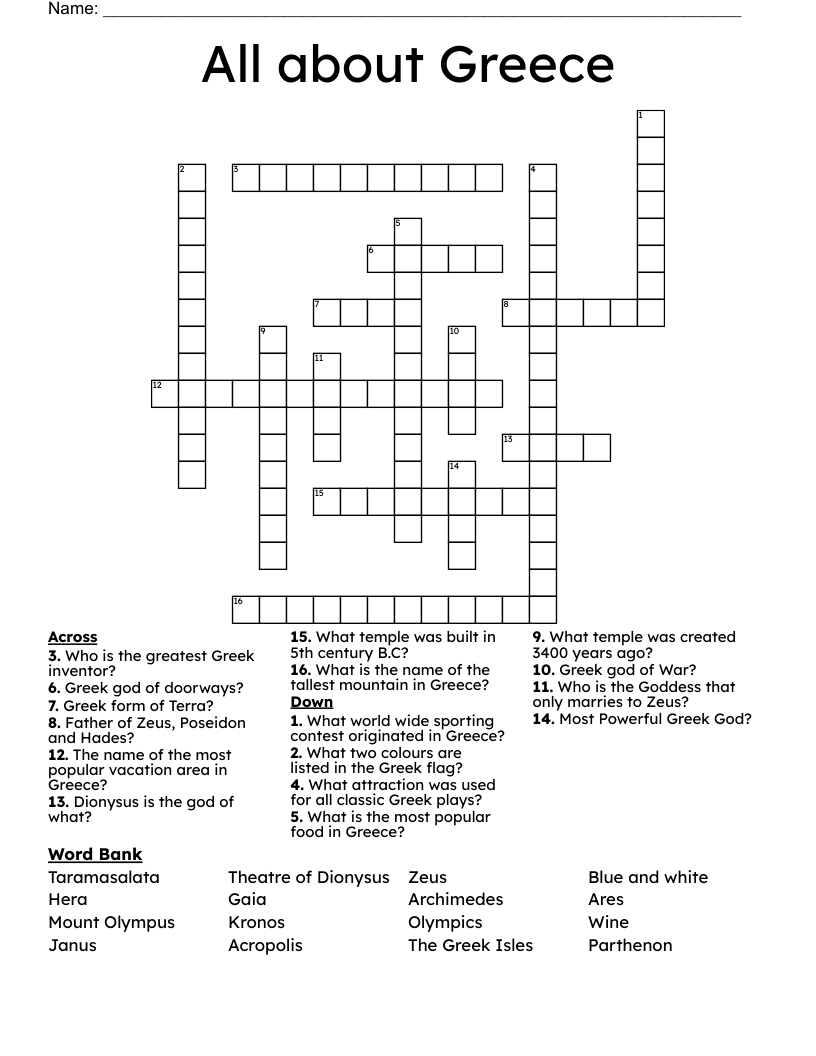All about Greece Crossword
