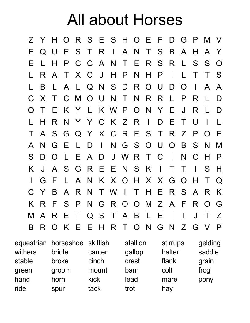 All about Horses Word Search
