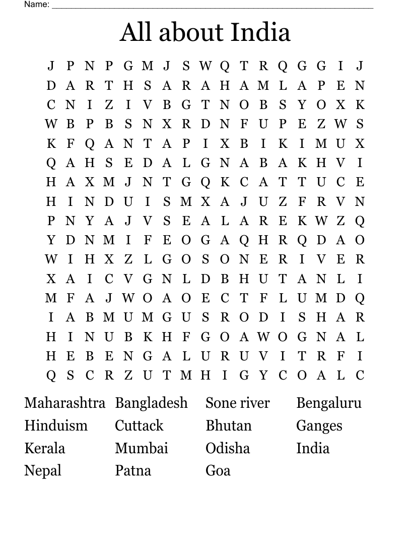 All about India Word Search