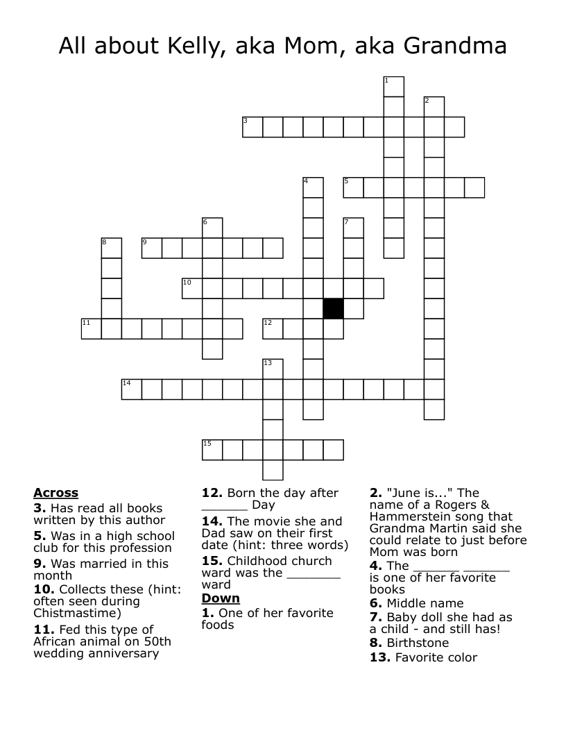 All about Kelly, aka Mom, aka Grandma Crossword