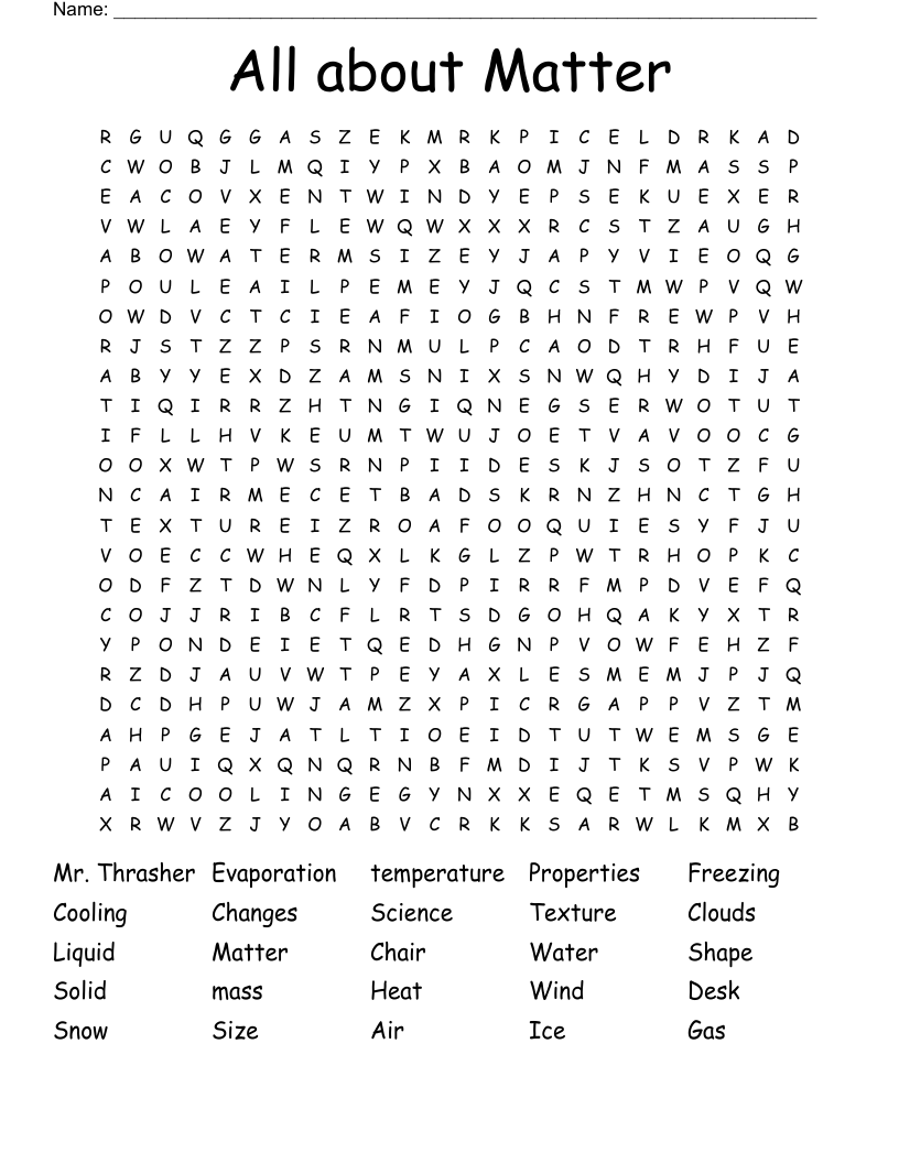 All about Matter Word Search