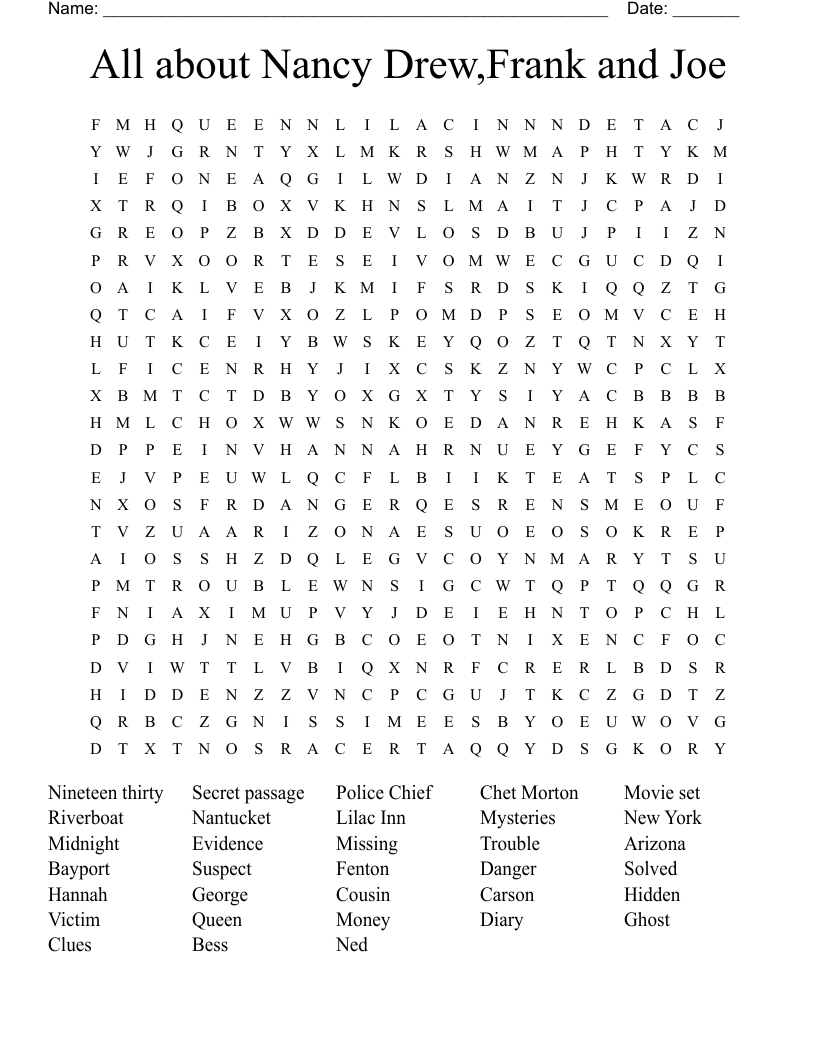 All about Nancy Drew,Frank and Joe  Word Search