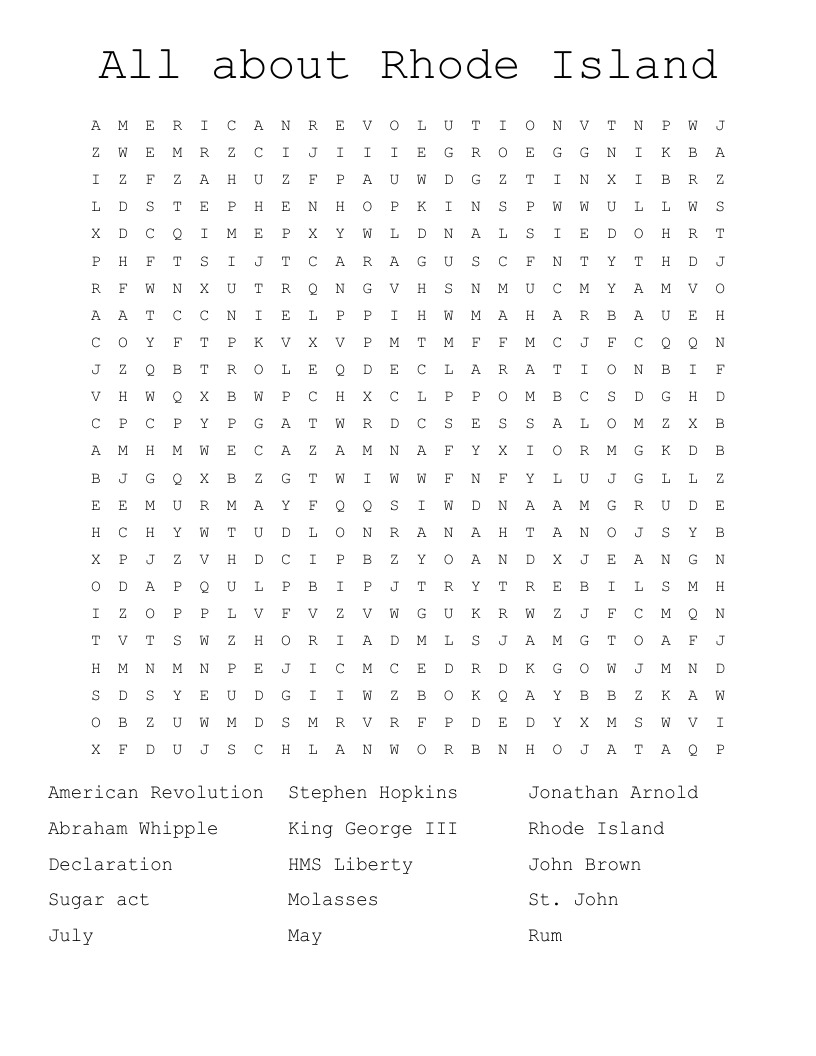 All about Rhode Island  Word Search