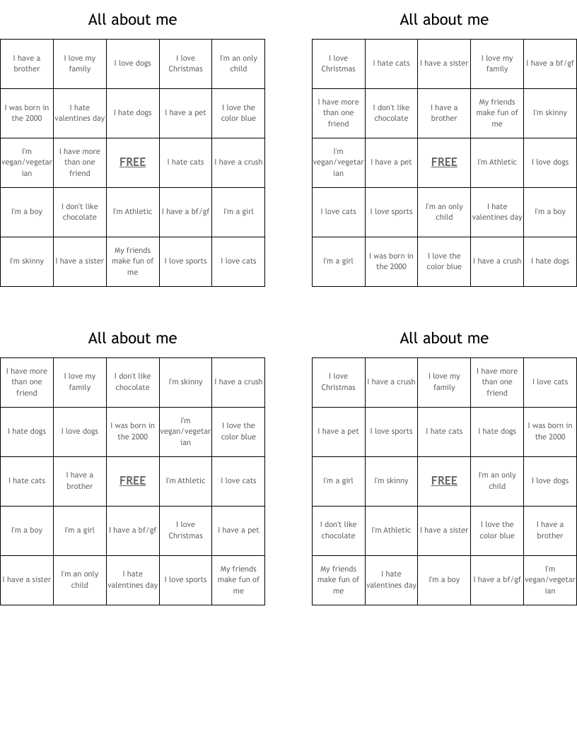 All about me Bingo Cards