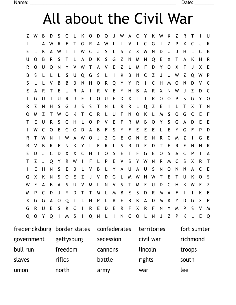 All about the Civil War Word Search