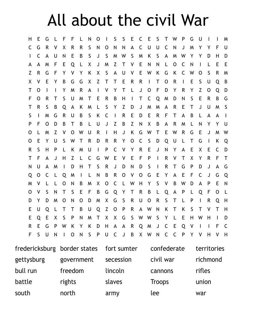 All about the civil War Word Search