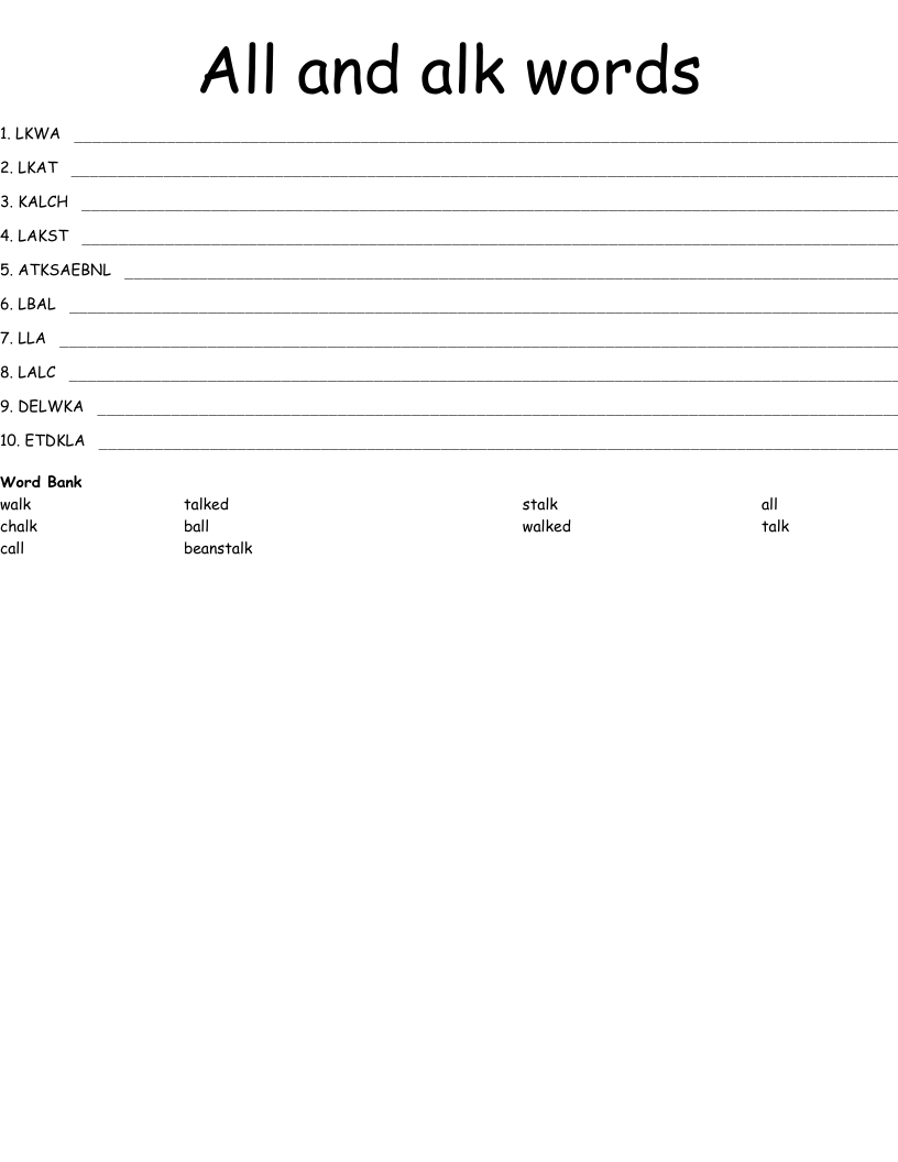 All and alk words Word Scramble