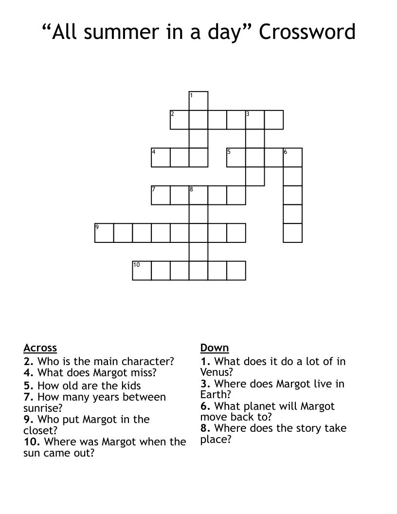 “All summer in a day” Crossword