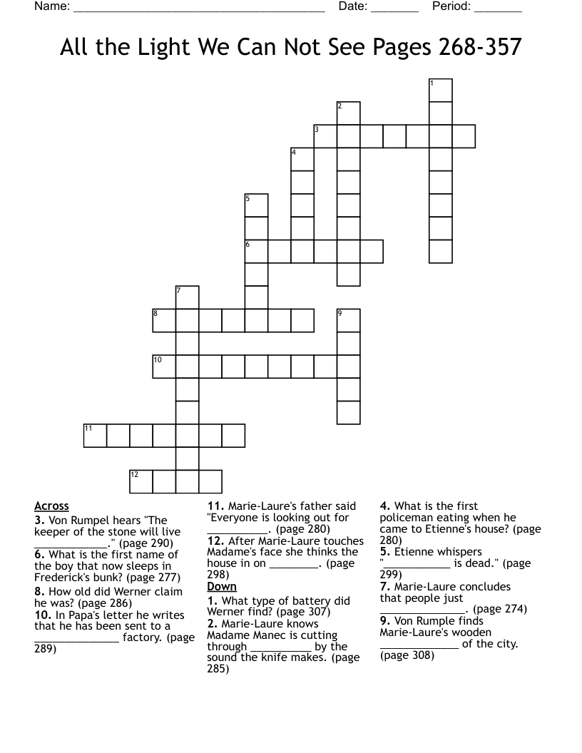 All the Light We Can Not See Pages 268-357 Crossword