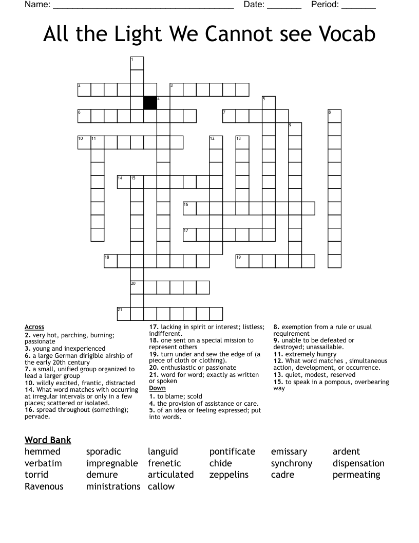 All the Light We Cannot see Vocab Crossword