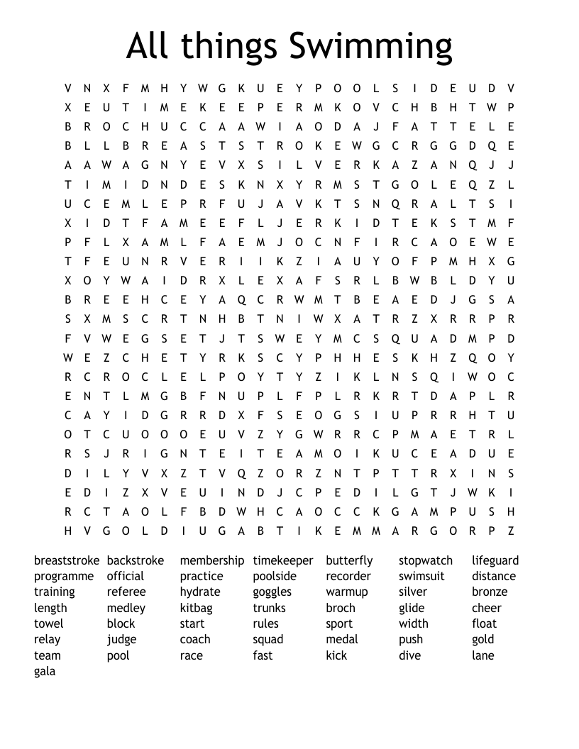 All things Swimming Word Search