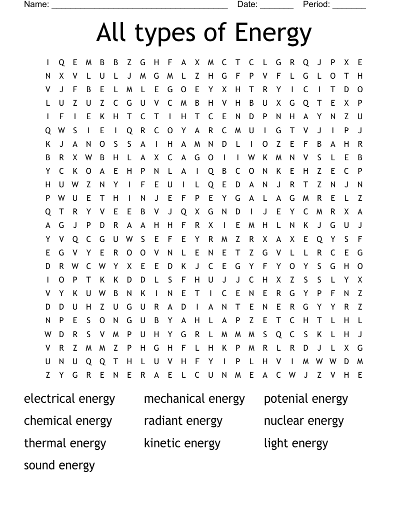 All types of Energy  Word Search