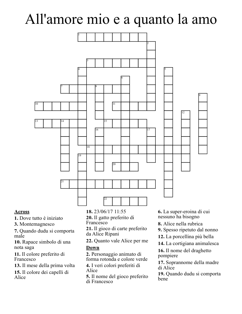 All'amore mio e a quanto la amo Crossword