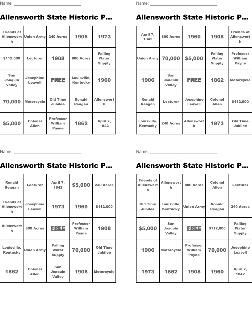 Allensworth State Historic Park Bingo