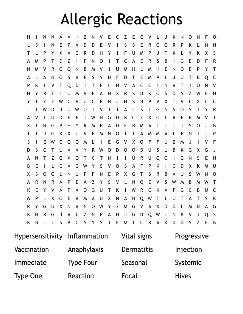 Allergic Reactions Word Search