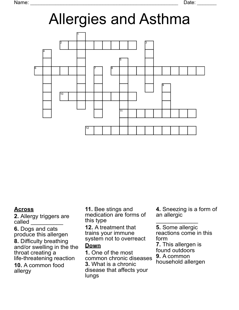 Allergies and Asthma Crossword