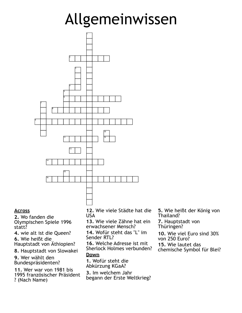 Allgemeinwissen Crossword