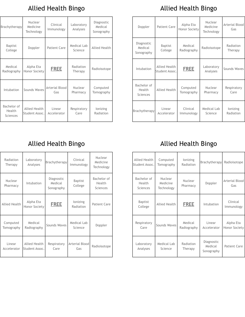 Allied Health Bingo