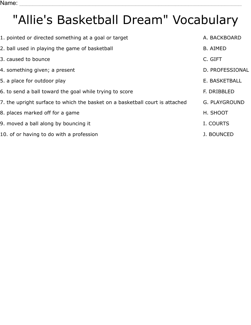 "Allie's Basketball Dream" Vocabulary Worksheet
