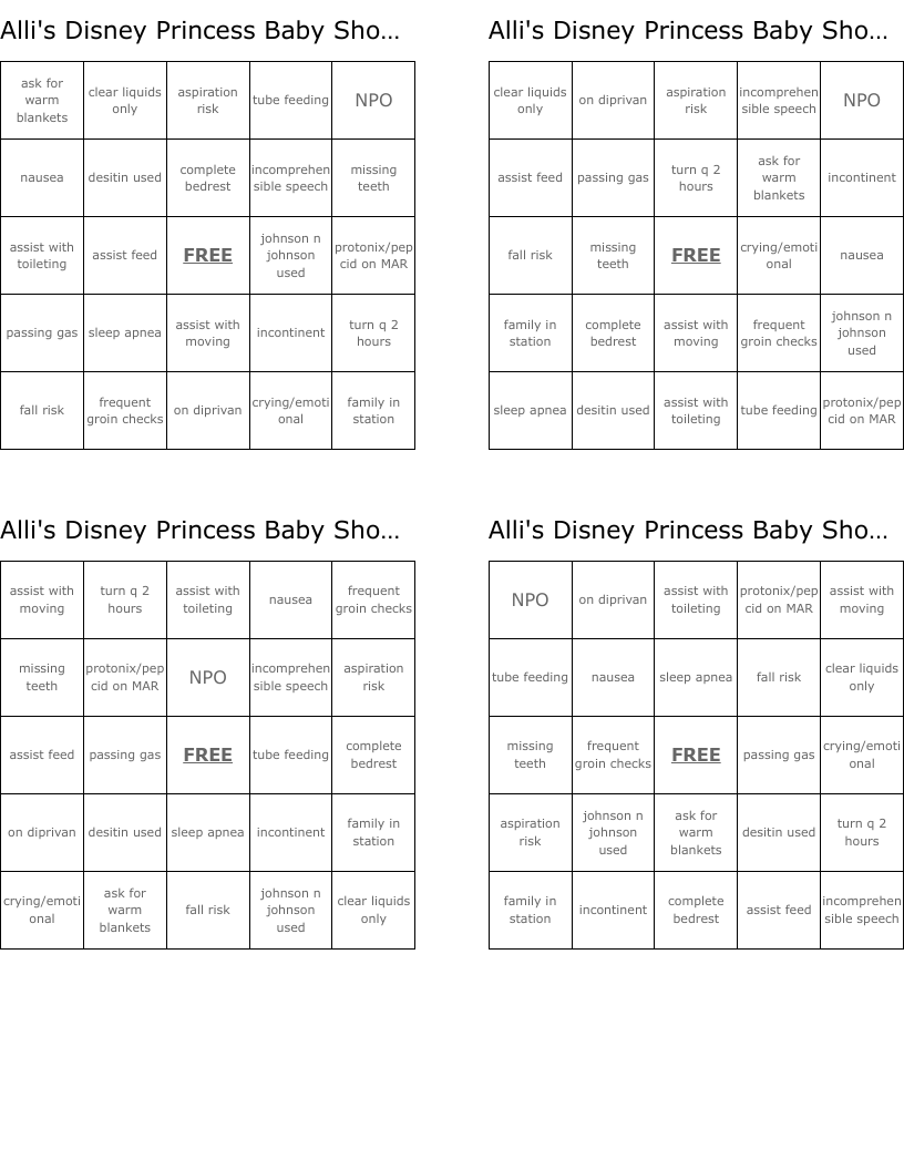 Alli's Disney Princess Baby Shower Bingo Cards
