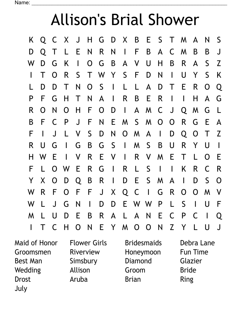 Allison's Brial Shower Word Search