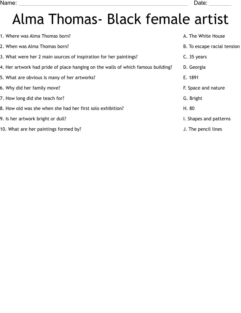 Alma Thomas- Black female artist Worksheet