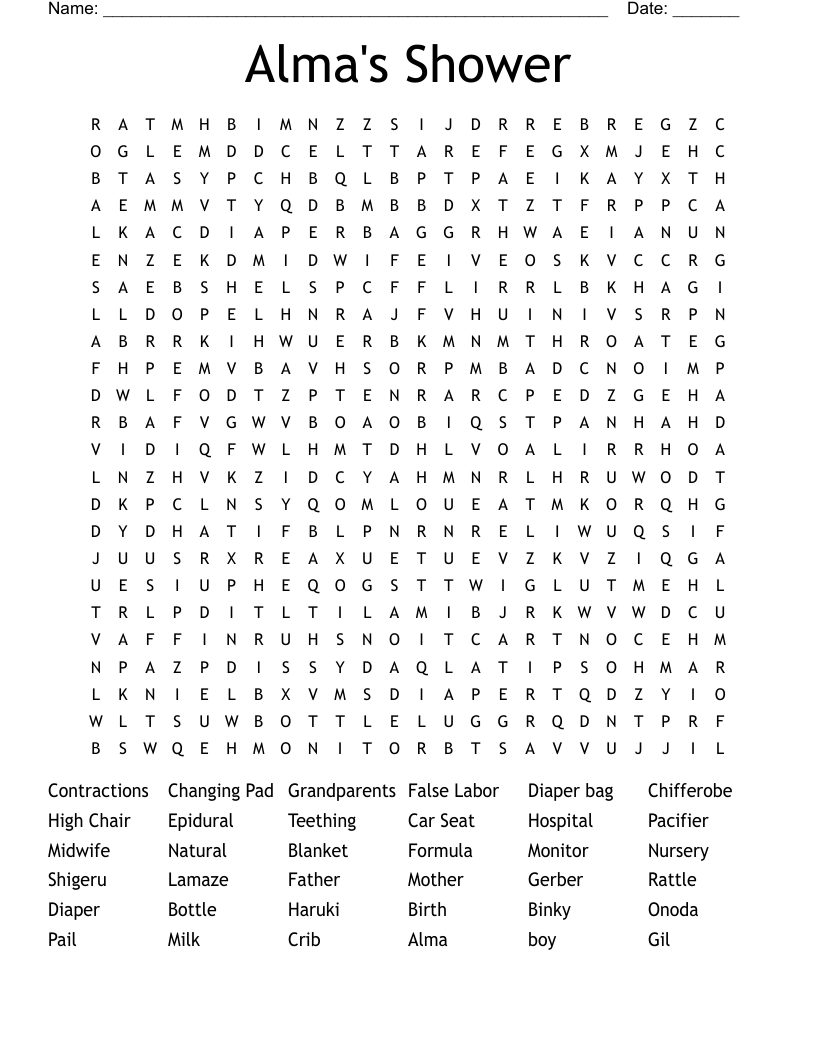 Alma's Shower Word Search