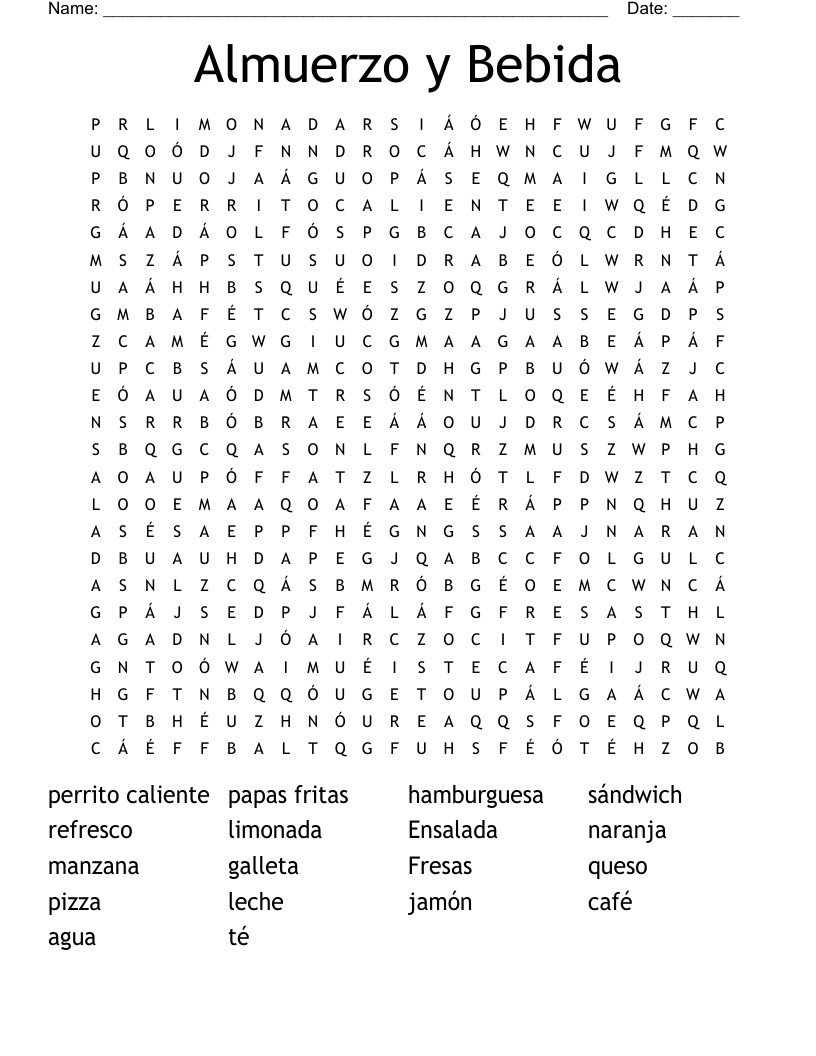 Almuerzo y Bebida Word Search