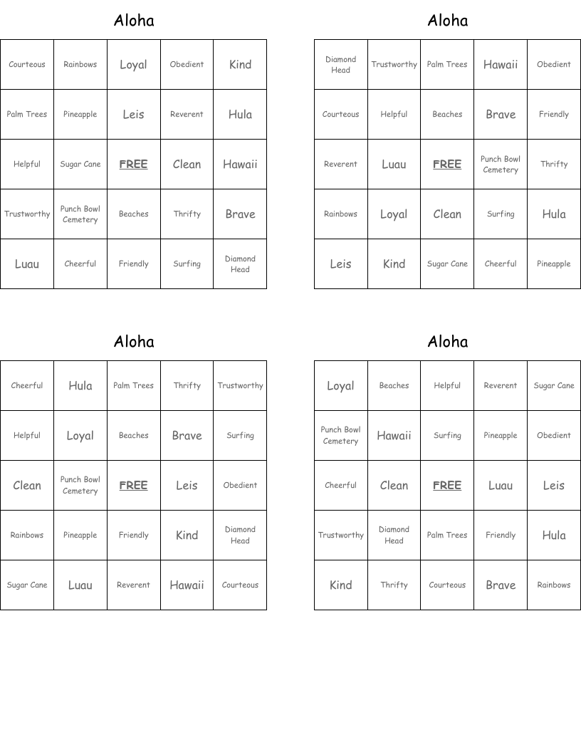 Aloha Bingo Cards
