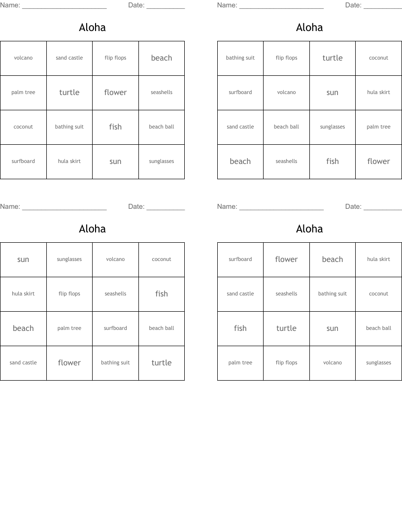 Aloha Bingo Cards