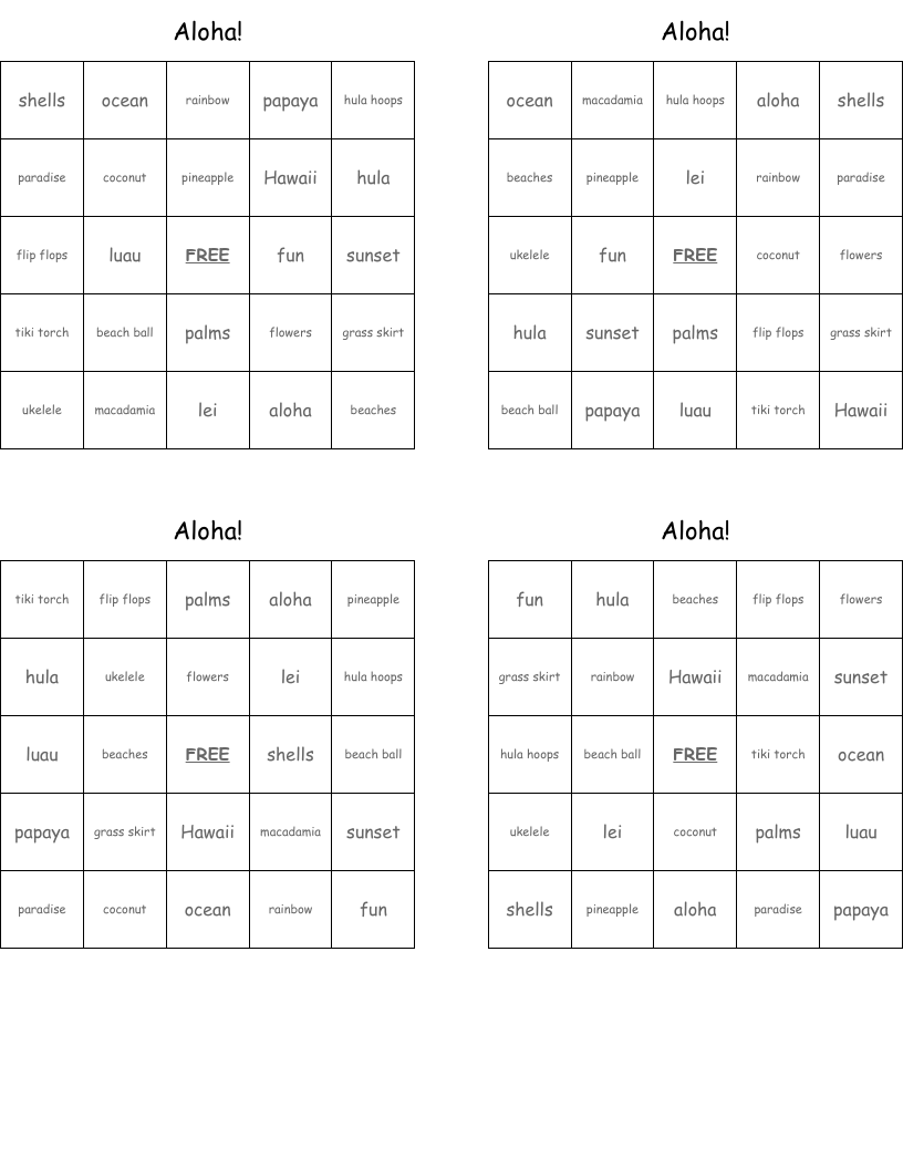 Aloha! Bingo Cards