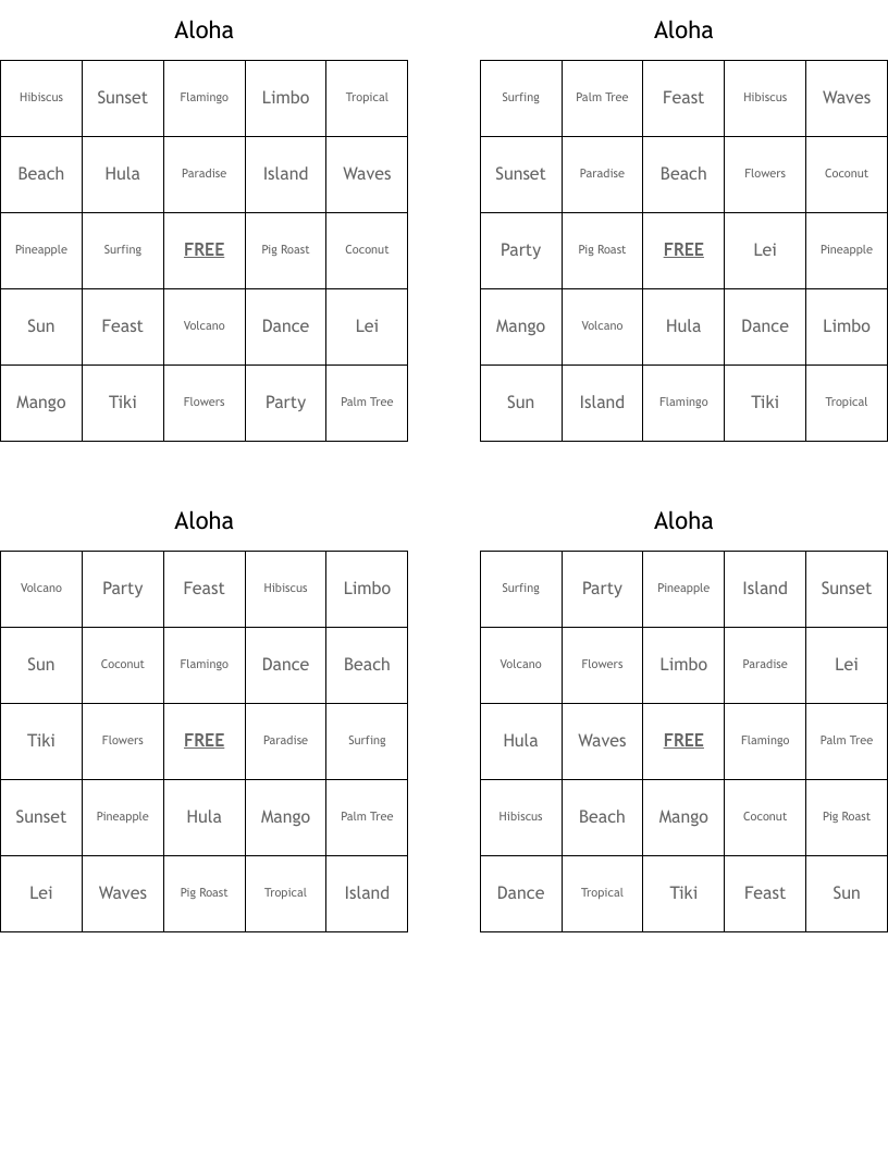 Aloha Bingo Cards
