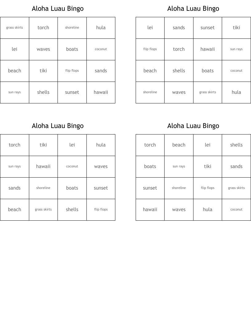 Aloha Luau Bingo