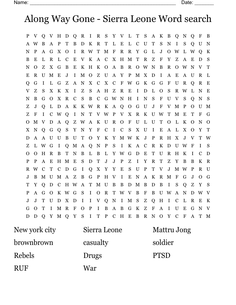 Along Way Gone - Sierra Leone Word search