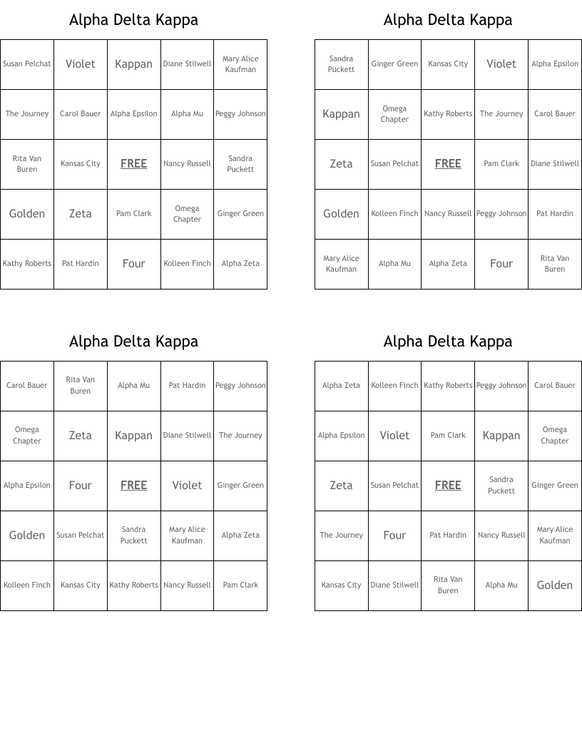Alpha Delta Kappa Bingo Cards