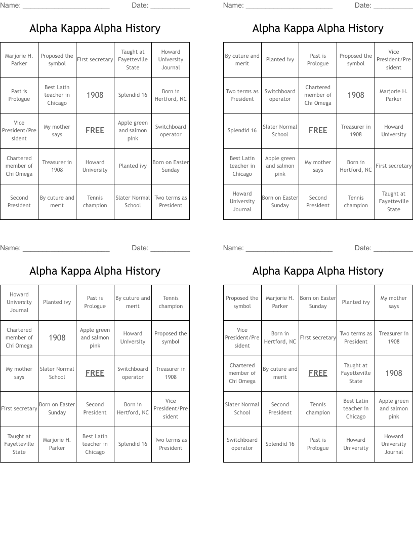 Alpha Kappa Alpha History Bingo Cards