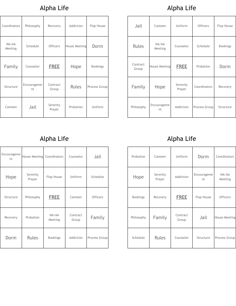Alpha Life Bingo Cards