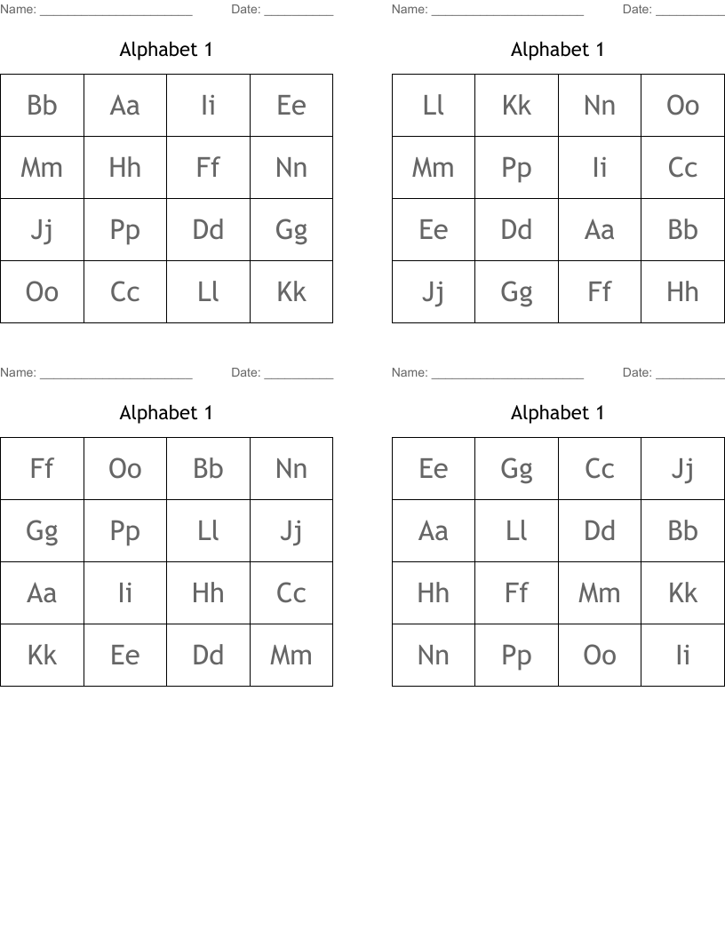 Alphabet 1 Bingo Cards