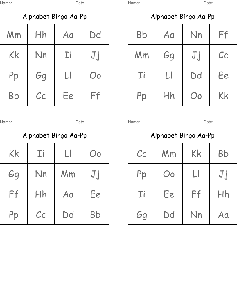 Alphabet Bingo Aa-Pp