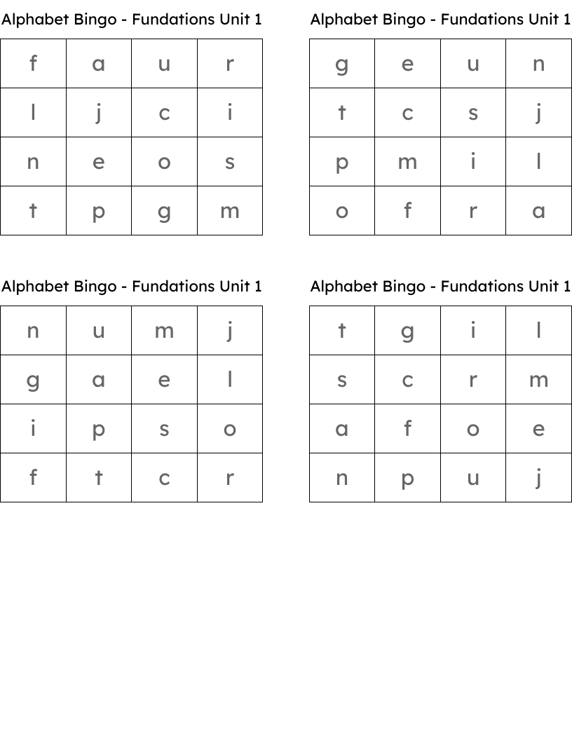 Alphabet Bingo - Fundations Unit 1