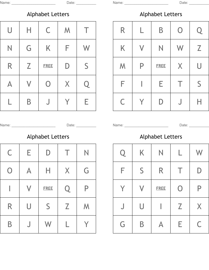 Alphabet Letters Bingo Cards